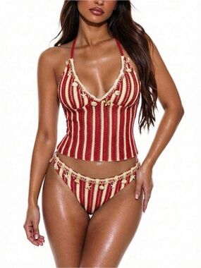 SHEIN Red and Cream Striped Crochet Tankini Bikini Set